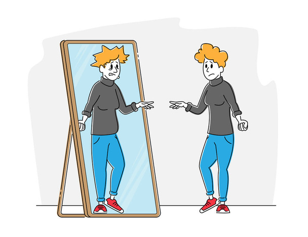 Ženská postava s nízkým sebevědomím Při pohledu na zrcadlo se vidí jako ošklivá žena se starou vyzáblou tváří. Znechucení z vlastního vzhledu, deprese, duševní problém. Lineární vektorová ilustrace - Vektor, obrázek