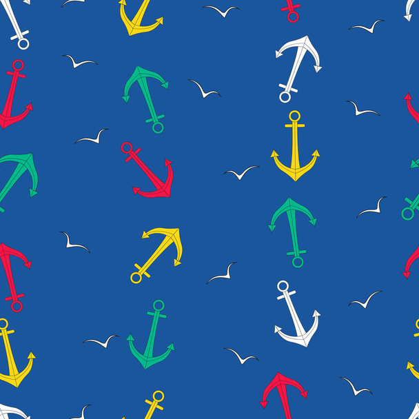 Colored ship anchors and sea gulls. Seamless bright vector vertical pattern on a blue background in a flat style. - Vector, Image