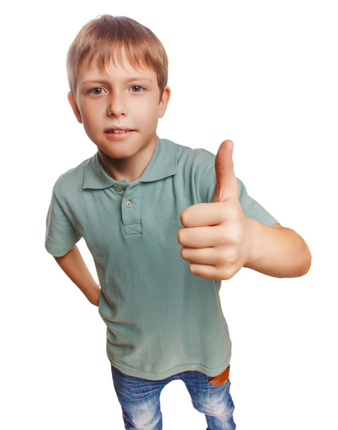 Teenager Junge Kind in blauem Hemd hält Daumen hoch, zeigt Blondine - Foto, Bild