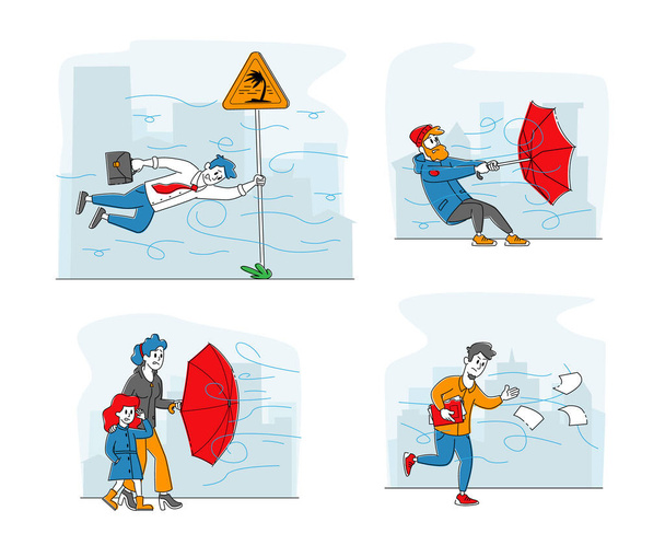 Set Characters Fighting with Strong Wind, Man with Destroyed Umbrella Trying to Protect from Storm and Rain. Business Man Hanging on Road Sign, Daughter and Mother. Linear People Vector Illustration - Vector, Image