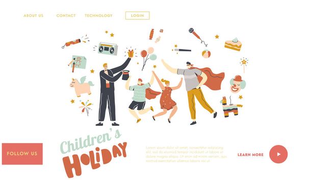 Πρότυπο σελίδας ψυχαγωγίας για παιδιά. Χαρακτήρες κινουμένων σχεδίων Διασκεδάζοντας τα παιδιά στο κόμμα γενεθλίων παιδιών Εκτελώντας μαγικά κόλπα και παίζοντας ρόλο του υπερήρωα. Γραμμική απεικόνιση διανυσματικών ατόμων - Διάνυσμα, εικόνα