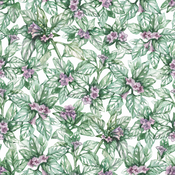 Seamless floral pattern with lilac flowers and emerald leaves on a white background. Print for fabric, wallpaper or wrapping paper. Watercolor illustration. - Photo, image