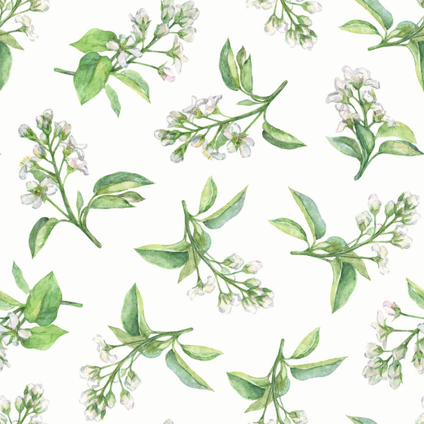 Seamless floral pattern in delicate pastel colors. Watercolor blooming twigs on a white background. - Fotó, kép