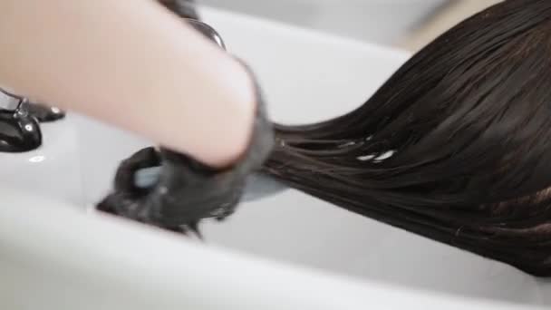 Parrucchiere lava la testa di una ragazza con i capelli lunghi in uno studio di bellezza - Filmati, video