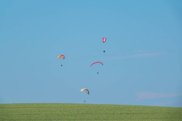 over a green field on the horizon fly different paragliders - Foto, immagini