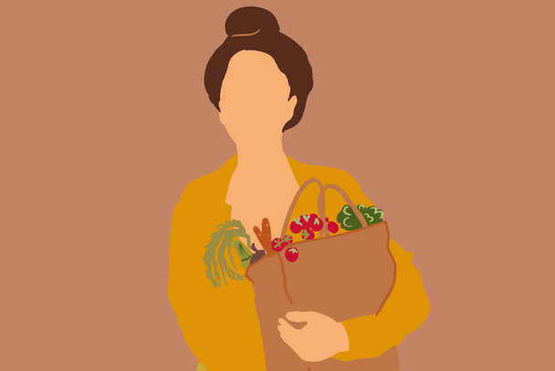 Mujer con bolsa de compras llena de alimentos frescos en el fondo de color - Vector, imagen