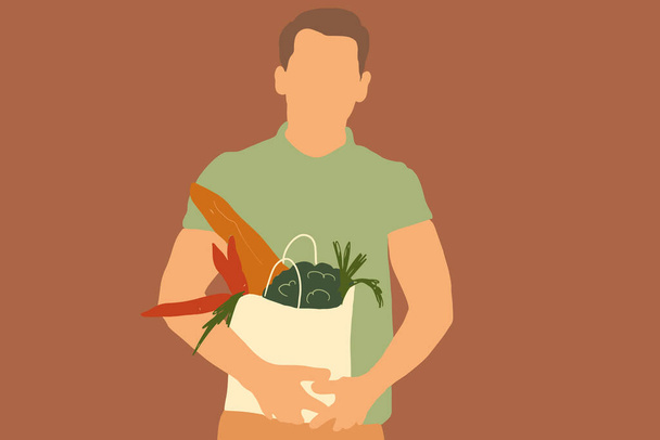 Иллюстрация человека с сумкой, полной свежих продуктов - Вектор,изображение