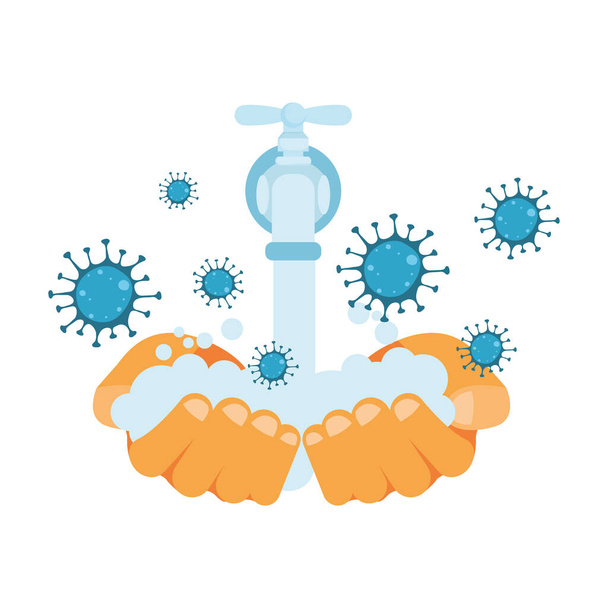 Lavage des mains sous le robinet d'eau et conception de vecteur de virus covid 19 - Vecteur, image