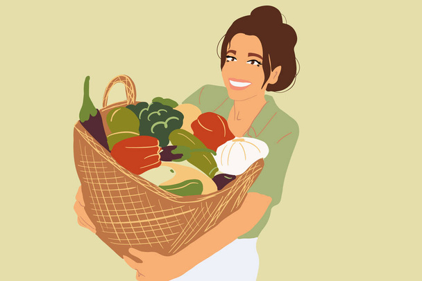 Woman with vegetables on the background - Vector, Image