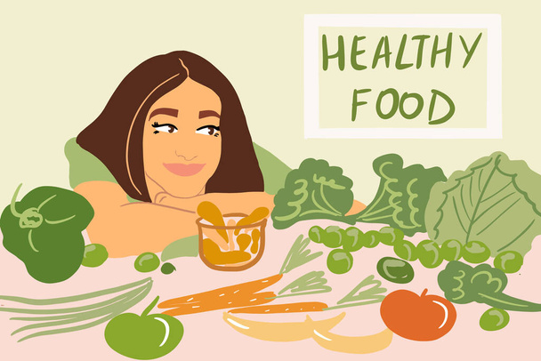 Γυναίκα με υγιεινά συστατικά τροφίμων - Διάνυσμα, εικόνα