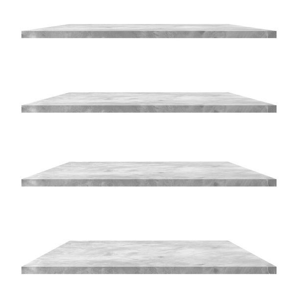 4 betonowe półki stołowe izolowane na białym tle i montaż wyświetlacza dla produktu. - Zdjęcie, obraz