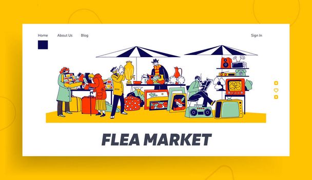 Outdoor Retro Bazaar Landing Page Template. Characters Visiting Flea Market for Shopping Unique Antique Things. Garage Sale with Sellers Presenting Old Stuff to Buy. Linear People Vector Illustration - Vector, Image