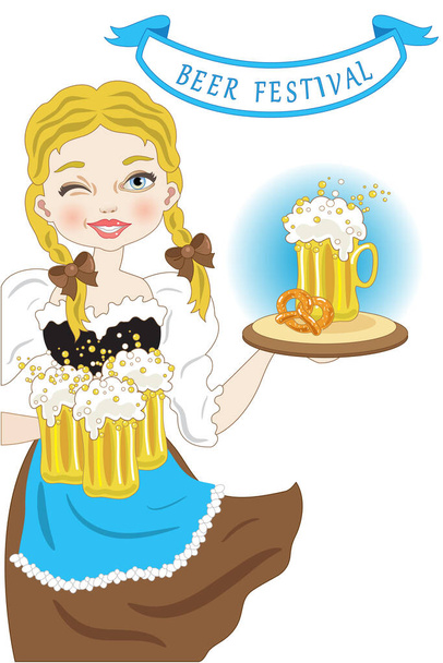 Festival de la cerveza con hermosa chica llevando bandejas y jarras
 - Vector, imagen