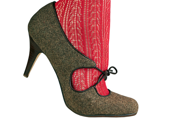 жіноча нога в червоних колготках з ретро взуттям
 - Фото, зображення