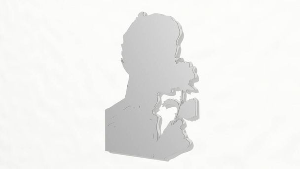GIRL vanuit een perspectief op de muur. Een dikke sculptuur gemaakt van metalen materialen van 3D rendering. mooi en achtergrond - Foto, afbeelding