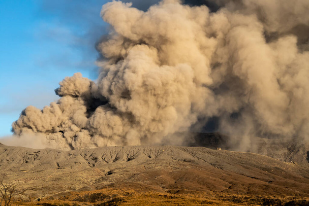 Spectacular view of Mount Aso (largest active volcano in Japan) venting ashes before explosion. Date: 05/11/19. Kumamoto Prefecture, Kyushu, Japan. - Photo, Image