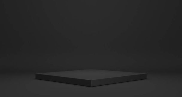スタンドコンセプトの黒の背景に空または台座のディスプレイ、ブランク製品棚スタンド背景3Dレンダリング - 写真・画像