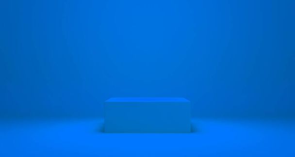 Affichage vide du podium ou du piédestal sur fond bleu avec concept de stand, étagère de produit vierge debout arrière-plan rendu 3D - Photo, image