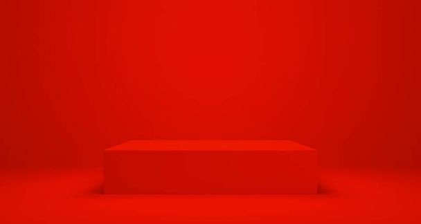 スタンドコンセプトの赤の背景に空または台座のディスプレイ、ブランク製品棚スタンド背景3Dレンダリング - 写真・画像