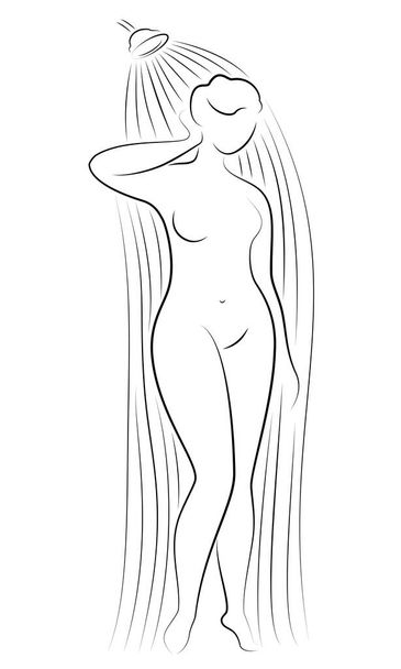 Silhouet figuur van een grote vrouw. Het meisje wast zich onder de douche. Een vrouw is te zwaar, ze is mooi en sexy. Vectorillustratie. - Vector, afbeelding