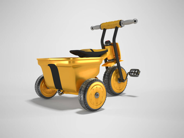 3D rendering yellow childrens tricycle for child isolated on gray background with shadow - Photo, Image