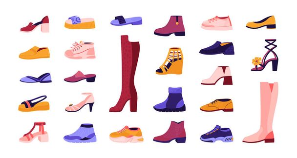 Cartoon footwear. Elegant and casual shoes, seasonal summer sandals and autumn boots, running sneakers. Vector fashionable male and female shoes - Vector, Image