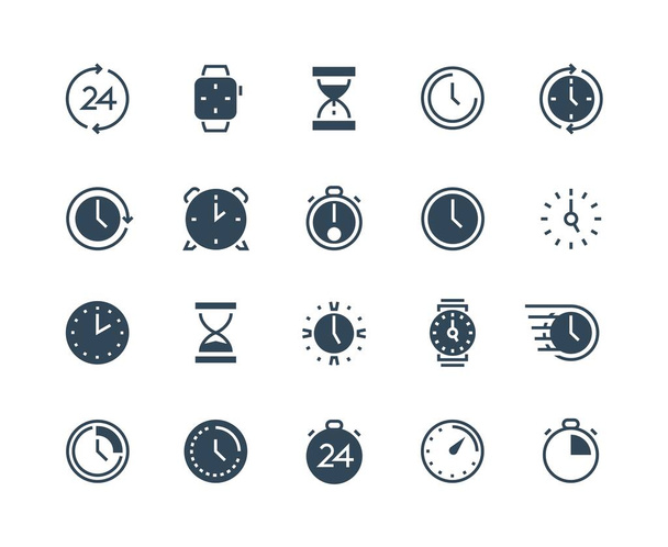 黒のアイコンを時計。ストップウォッチアラーム腕時計や砂時計と時間とカレンダーのインフォグラフィックシンボル。ベクトル時間管理セット - ベクター画像