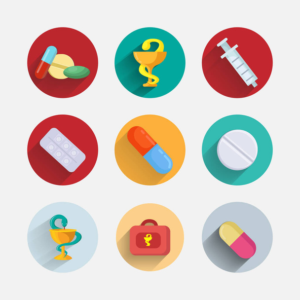 leki, tabletki, tabletki, apteczka, zastrzyk, strzykawka znak medyczny płaski zestaw ikon z długim cieniem - Wektor, obraz