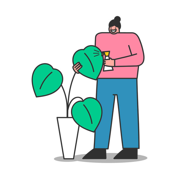 Kobieta i roślina na białym tle. Kreskówkowa kobieta dbająca o zieloną roślinę w garnku - Wektor, obraz