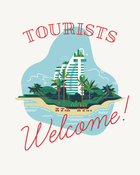 Tourists welcome poster, banner, or flyer template. Flat vector concept design on vacation destinations reopening after global coronavirus pandemic lockdown - Вектор,изображение