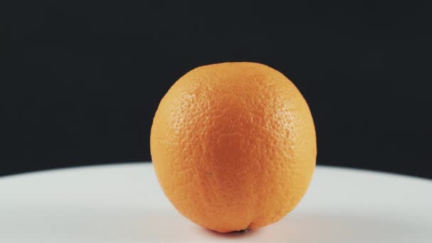 Close up of orange on white rotating table isolated on black background - Felvétel, videó