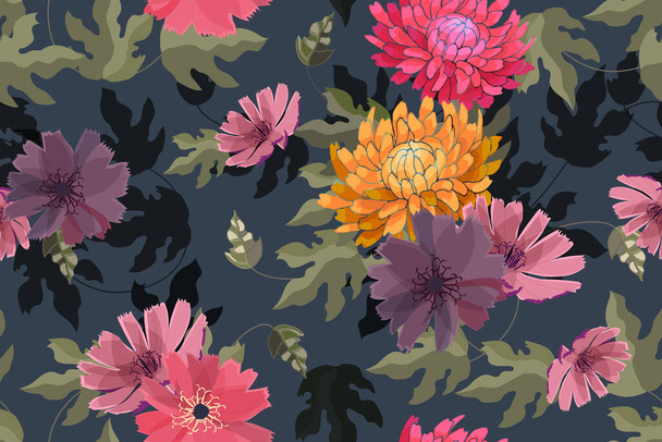 Art floral vector seamless pattern. Autumn pink, red, yellow, purple asters, chrysanthemums. - Вектор,изображение