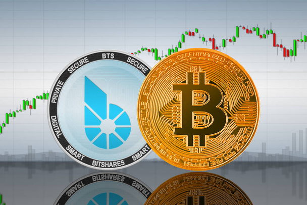 Bitcoin (BTC) and BitShares (BTS) coins on the background of the chart; bitcoin and bitshares cryptocurrency; crypto exchange - Photo, Image