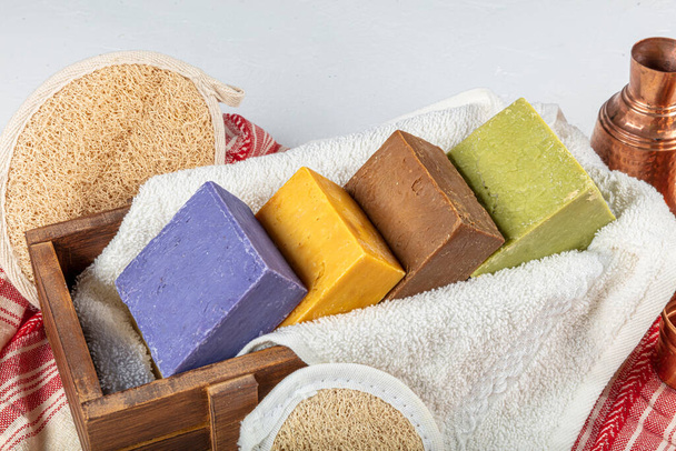 Three natural handmade soap. Lavender, Laurel, Saffron and hard soaps. Zero waste lifestyle. - Valokuva, kuva