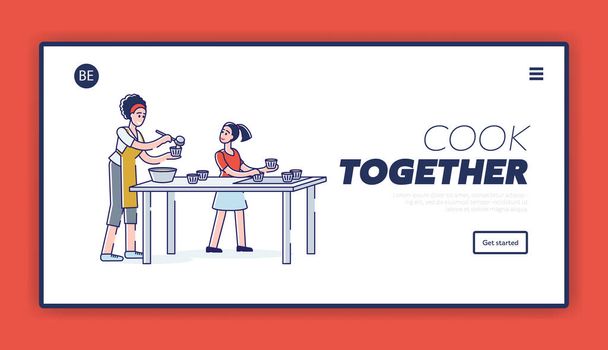 Website landing page with mother and daughter cooking together. Cooking and relationship concept - Vector, Image