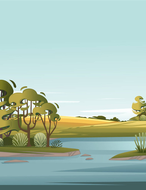 Krajobraz wsi jezioro z zieloną trawą i drzewa projekt kreskówki płaski wektor ilustracja z czystego nieba i wzgórza na tle pionowego projektu. - Wektor, obraz