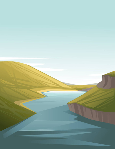 Paisaje del campo gran río entre las colinas con diseño de dibujos animados hierba verde ilustración vector plano con cielo claro y colinas en el diseño vertical de fondo
. - Vector, Imagen