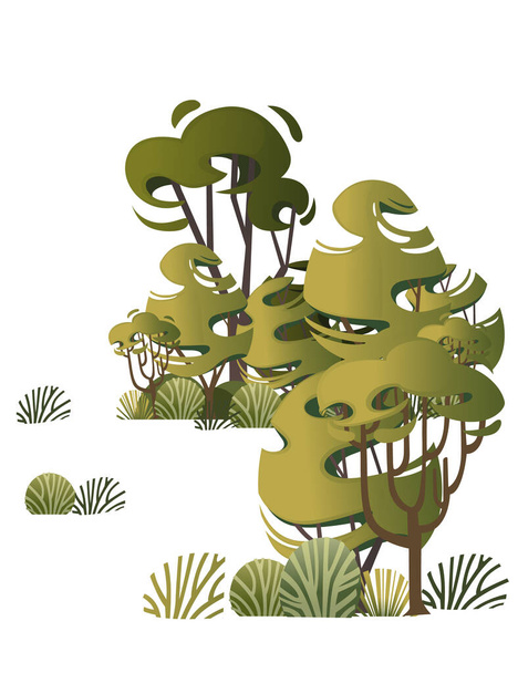 Grüne Vegetation Sträucher Gras und Bäume flache Vektor Illustration auf weißem Hintergrund. - Vektor, Bild