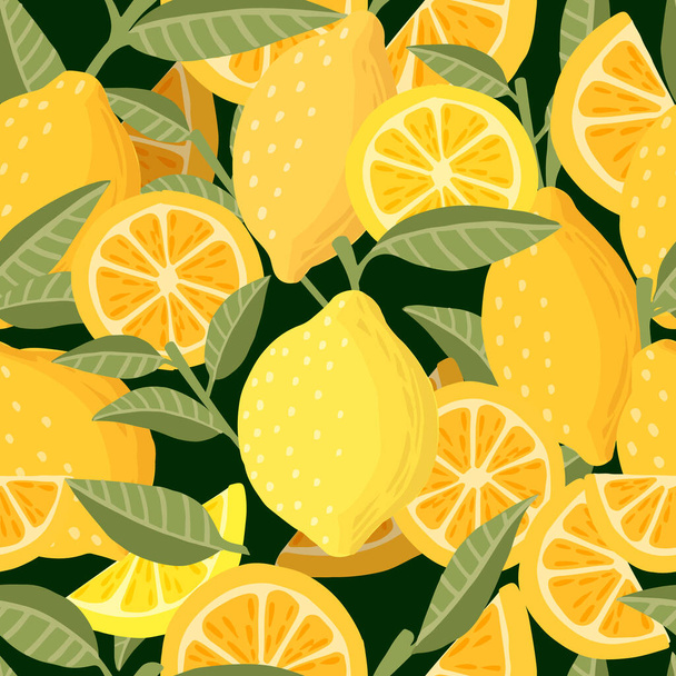 Απρόσκοπτη μοτίβο των εσπεριδοειδών λεμόνι κίτρινο φρούτα ολόκληρο το ήμισυ και φέτες με πράσινα φύλλα επίπεδη διανυσματική απεικόνιση σε πράσινο φόντο. - Διάνυσμα, εικόνα