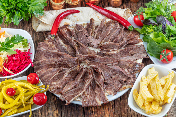 Turkish Doner Kebab on plate.  Protein nutrition, clean eating, diet concept. Turkish style doner kebab food restaurant. - Photo, Image