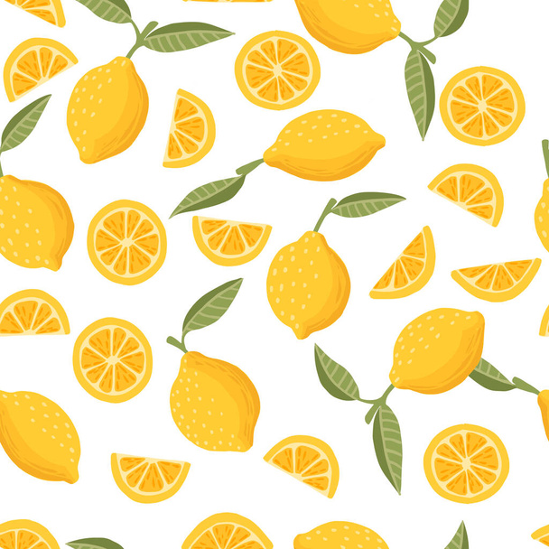 Απρόσκοπτη μοτίβο των εσπεριδοειδών λεμόνι κίτρινο φρούτα ολόκληρο το ήμισυ και φέτες με πράσινα φύλλα επίπεδη διανυσματική απεικόνιση σε λευκό φόντο. - Διάνυσμα, εικόνα
