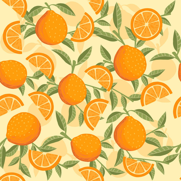 Бесшовный рисунок апельсина цитрусовые желтые фрукты целые половинки и нарезанные зелеными листьями плоские векторные иллюстрации на бежевом фоне
. - Вектор,изображение