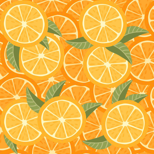 Бесшовный рисунок апельсиновых цитрусовых, нарезанных и нарезанных зелеными листьями плоскими векторными иллюстрациями
. - Вектор,изображение