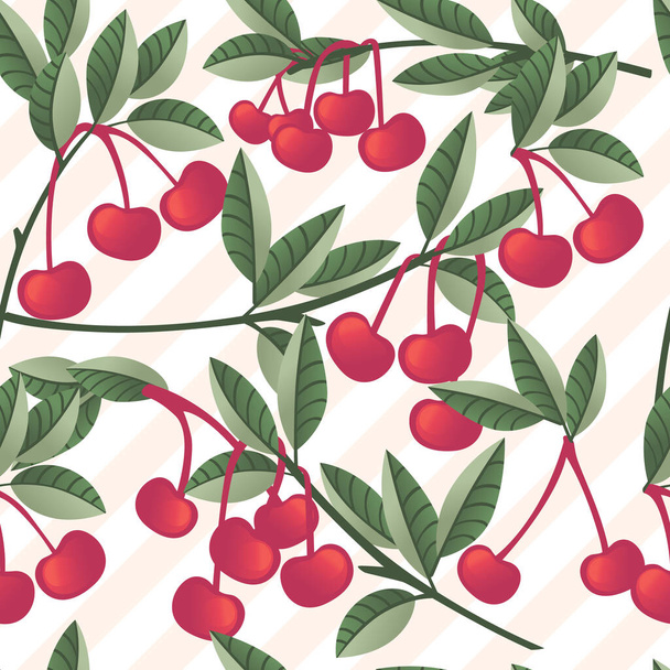Zökkenőmentes minta piros cseresznye bogyó faágak zöld levelek lapos vektor illusztráció rózsaszín és fehér csíkos háttér. - Vektor, kép
