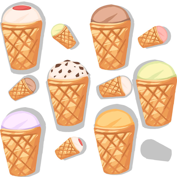 Naadloos patroon van ijs smaken in wafelkegels met verschillende kleuren vlakke vector illustratie op witte achtergrond. - Vector, afbeelding