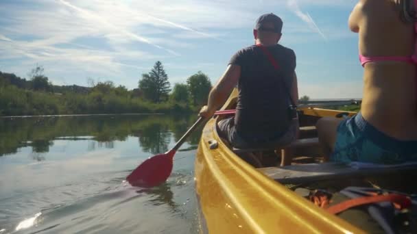 FERMER : Jeune homme et jeune femme pagayant en canot le long d'une rivière tranquille par une journée ensoleillée - Séquence, vidéo