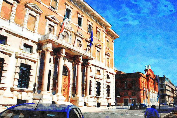 Digitaalinen vesivärityyli, joka edustaa vilausta historiallisista rakennuksista Barin keskustassa Pugliassa Italiassa - Valokuva, kuva