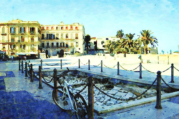 Digitális akvarell stílus képviseli az egyik négyzet a történelmi központja Bari Puglia Olaszország - Fotó, kép