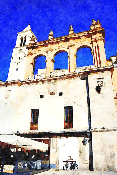 Acuarela digital que representa uno de los edificios históricos con la torre del reloj en el centro histórico de Bari en Puglia Italia
 - Foto, imagen