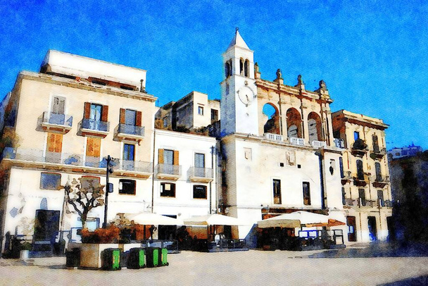 Digitales Aquarell eines der historischen Gebäude mit Uhrenturm im historischen Zentrum von Bari in Apulien Italien - Foto, Bild
